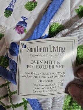 Southern Living Bunny Topiary Oven Mitt Pot Holder Set Chinoiserie Easter Blue